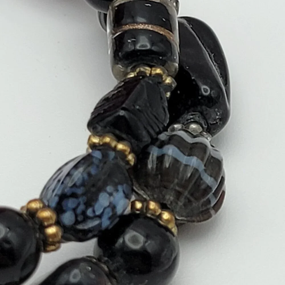 Black Glass Wrap Bracelet Glass Art Mutiple Shapes Gold Tone Spacers 8